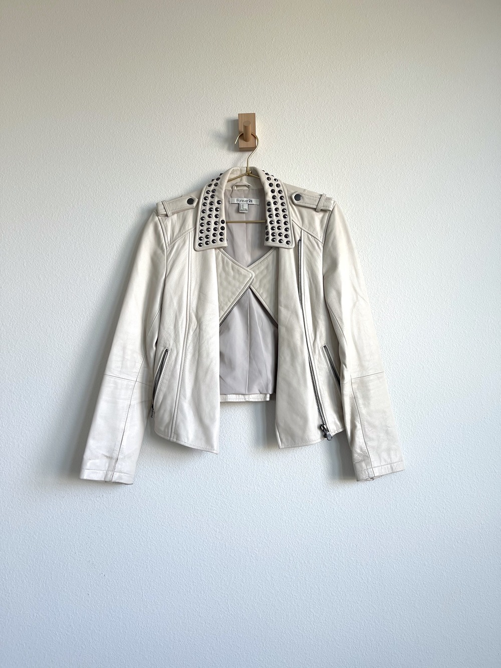 Forever 21 Genuine Lambskin Leather Studded Moto Cream Biker Jacket